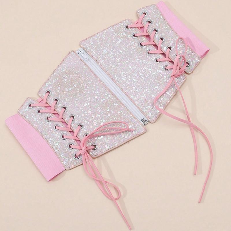 Корсет со стразами кожаный на шнуровке и молнии Розовый Корсет со стразами кожаный на шнуровке и молнии Розовый