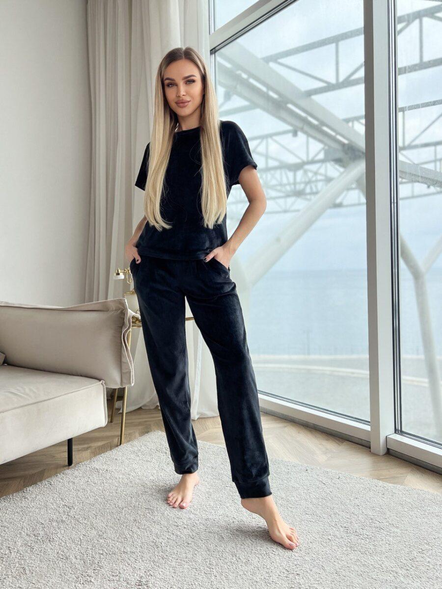 Пижама женская Julia Ulich футболка/брюки с манжетами велюровая L Черный (ФШТ10_13)