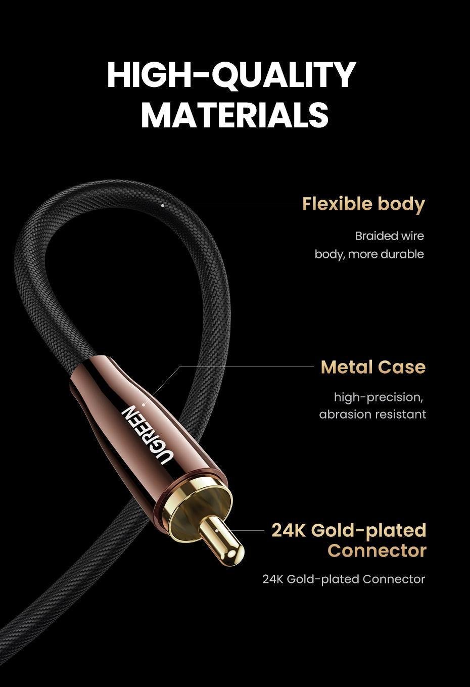 Кабель UGREEN RCA-RCA Коаксіальний Аудіо стерео S/PDIF Hi-Fi 5.1 Dolby нейлонове обплетення 3 м Чорний (40299) - фото 13 Кабель UGREEN RCA-RCA Коаксіальний Аудіо стерео S/PDIF Hi-Fi 5.1 Dolby нейлонове обплетення 3 м Чорний (40299) - фото 13