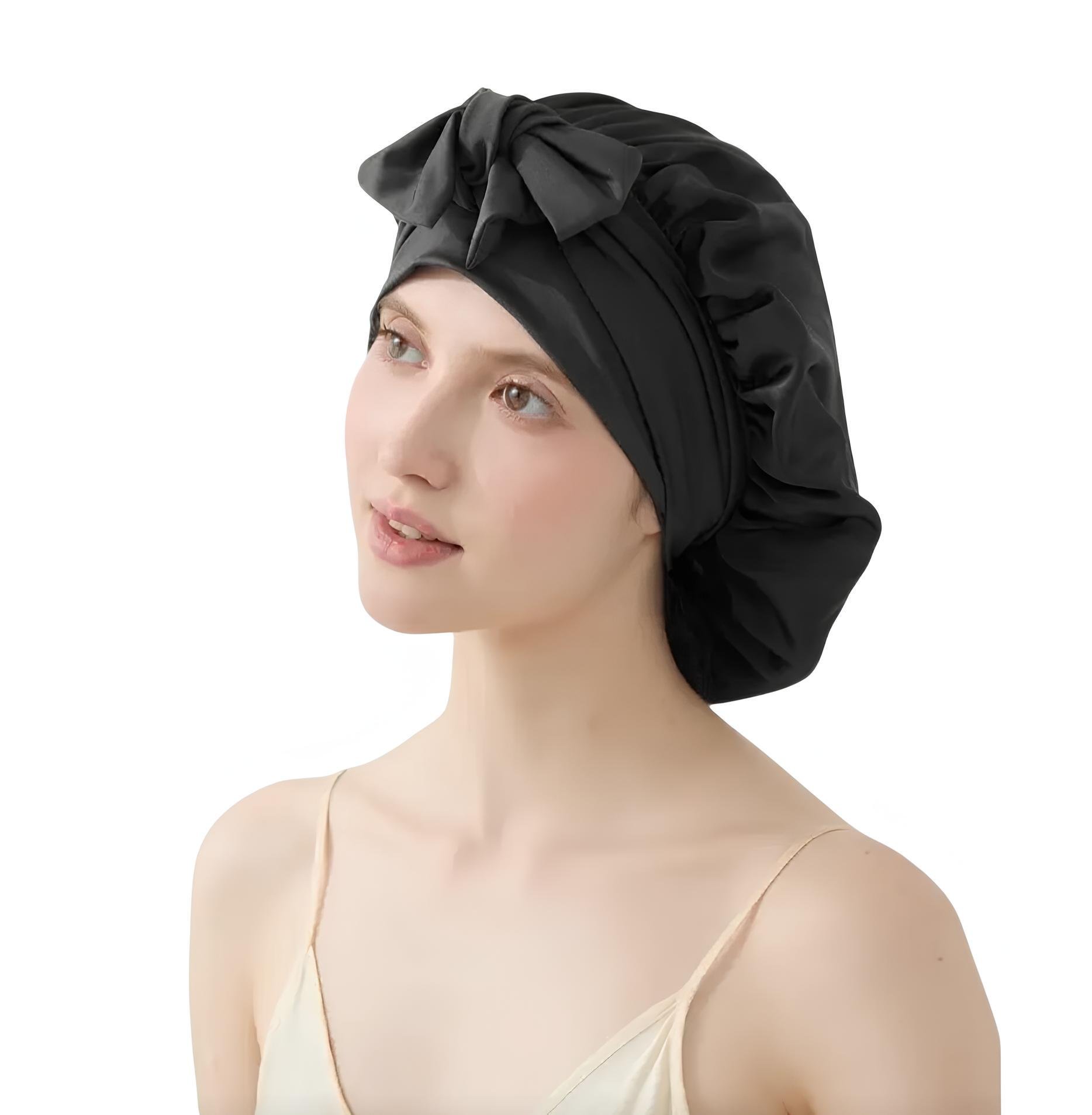 Шапка для сна женская большого размера 100% шелк мульбери с регулируемой резинкой и бантом Черный (3355118)