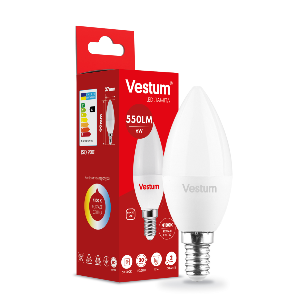 Светодиодная лампа Vestum C37 6W 4100K 220V E14 (1-VS-1303)
