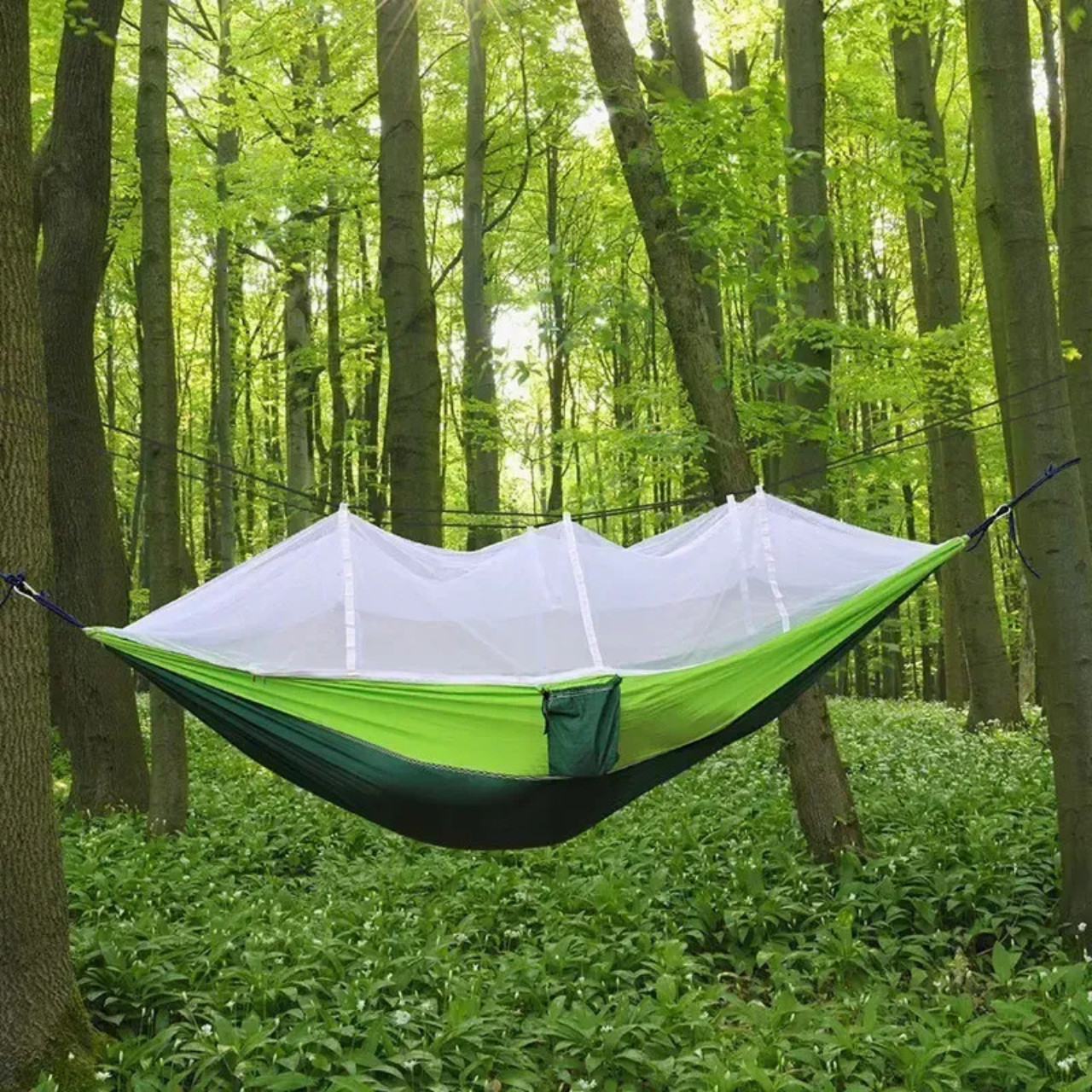 Гамак туристический из парашютного нейлона повышенной прочности и москитной сеткой многоместный до 200 кг 240х120 см Салатовый (8018844996)
