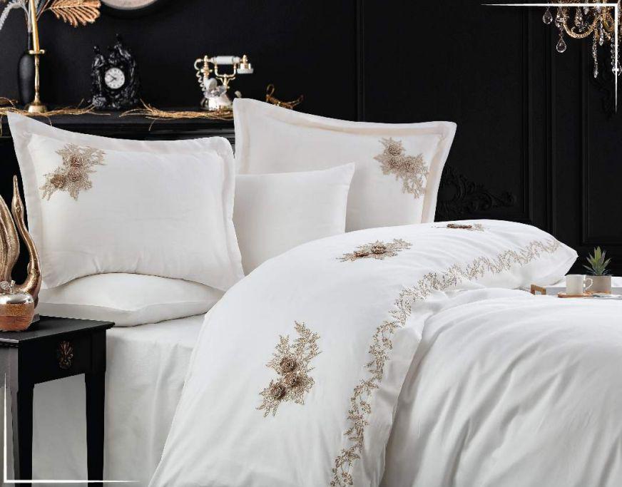 Постельное белье Dantela Safir krem Сатин с вышивкой Евро