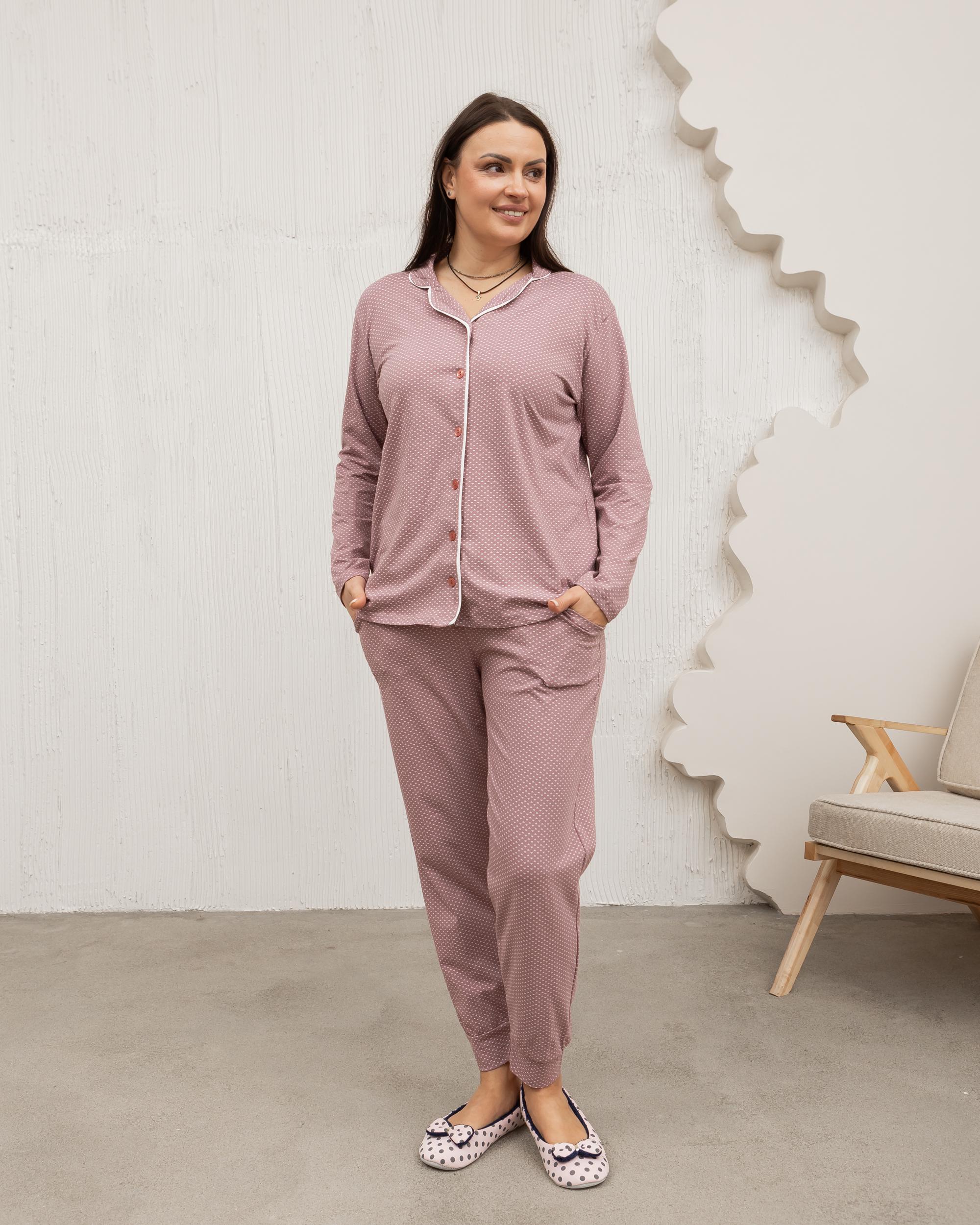 Пижама батальная со штанами и кофтой на пуговицах Сердечки 30085 5XL Розовый