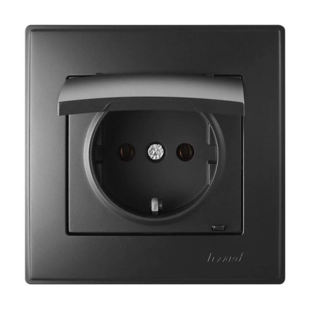 Розетка Lezard Lesya 1-я с заземлением и крышкой Антрацитовый
