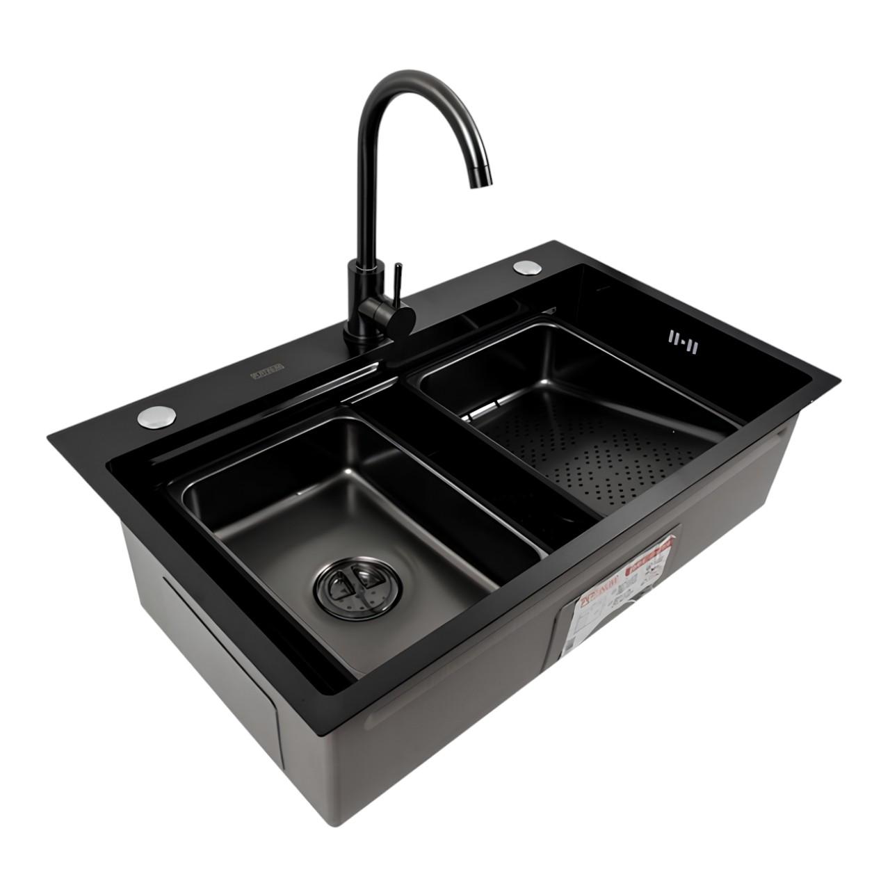 Мийка кухонна Platinum CM 75х46B з вологостійкою дошкою для обробки продуктів та сифоном Чорний (є266) - фото 2 Мийка кухонна Platinum CM 75х46B з вологостійкою дошкою для обробки продуктів та сифоном Чорний (є266) - фото 2