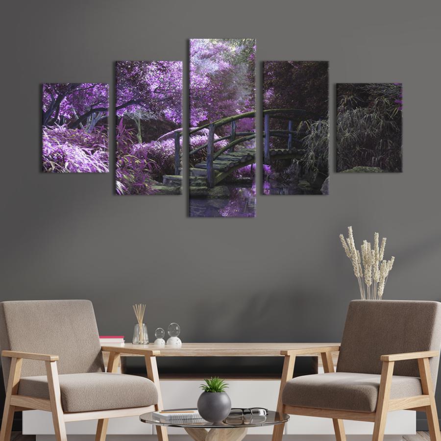 Модульная картина из 5 частей на холсте интерьерная картина Сад с пурпурными кустами и деревьями 187x94 см (614-52)
