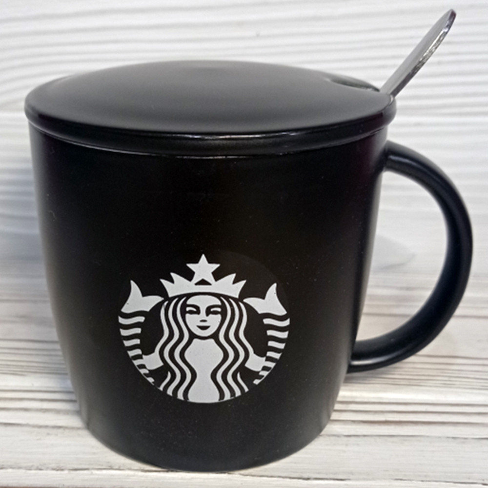 Чашка керамическая Звездный бакс с крышкой и ложкой 400 мл Черный (21-чор-7057-8)