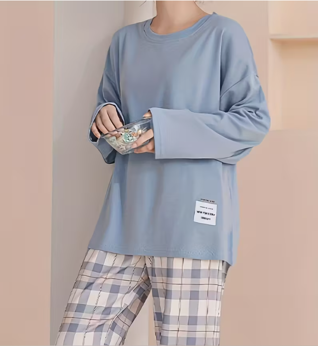 Піжама жіноча з довгим рукавом у клітинку для дому весна-осінь Блакитний (1326/2)