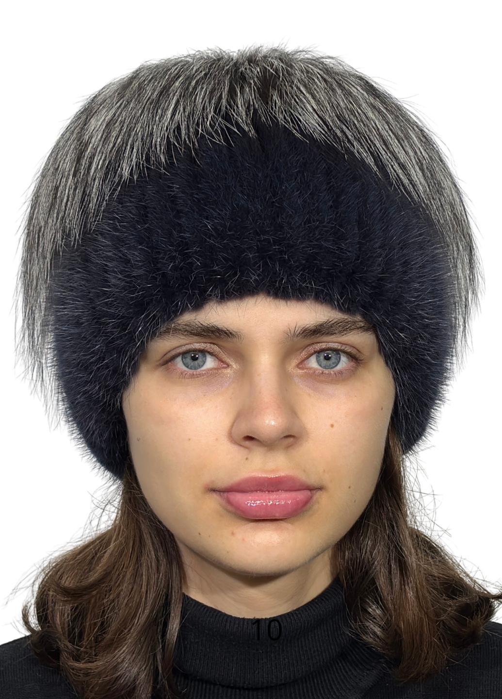 Шапка женская зимняя Меховой стиль из вязаной норки Звездочка из натурального меха M/L Синий ирис (100/N)