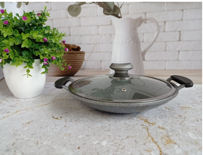 Сковорода-вок с крышкой OMS турецкая алюминиевая с антипригарным покрытием 30 см Серый (3228серая)