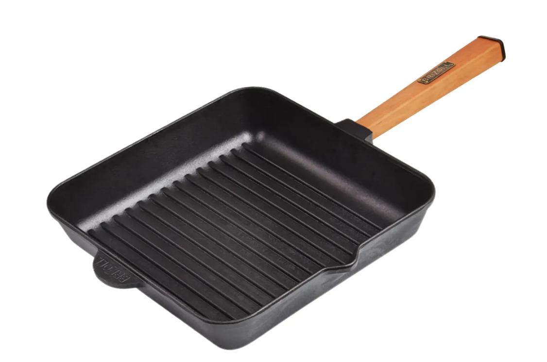 Сковорода чугунная Brizoll Optima квадратна гриль с деревянной ручкой 280x280x50 мм