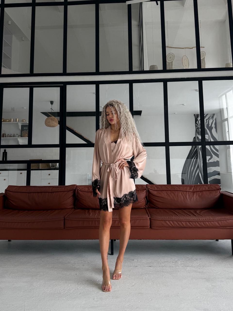 Халат женский шелковый с кружевом Персиковый (2533884047) - фото 3