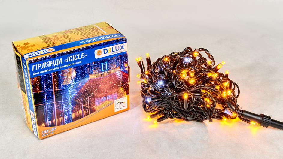 Гирлянда внешняя Delux Icicle 108 LED IP44 EN бахрома 27 flash 2x1 м Желтый/Черный (90015180) - фото 1