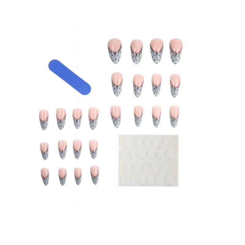 Накладные ногти френч с дизайном бант в горошек миндаль с клеевыми пластинами 24 шт. Белый с черным (2789190687)