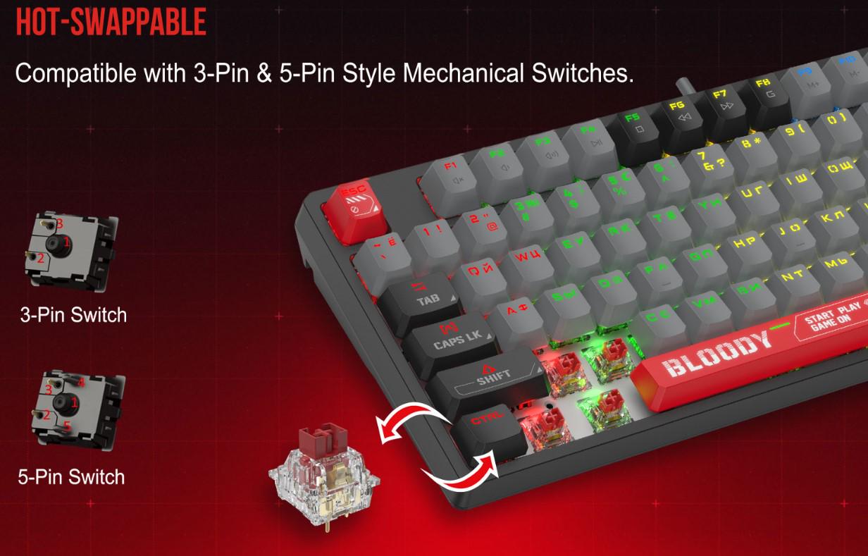 Клавиатура механическая игровая A4Tech S-87 Bloody Black Energy BLMS Red Plus Switch Eng/Rus/Ukr - фото 11 Клавиатура механическая игровая A4Tech S-87 Bloody Black Energy BLMS Red Plus Switch Eng/Rus/Ukr - фото 11