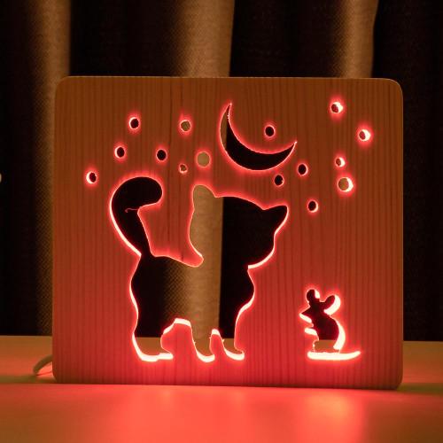 Ночник из дерева ArtEco Light LED Кот и мышка под луной с пультом (1020348)