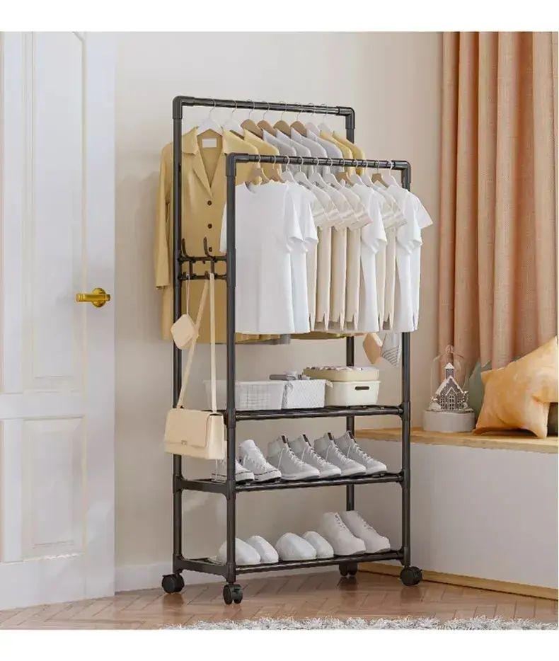 Вешалка для одежды двойная AND XL-1484 с полкой для обуви на колесиках с лаковым покрытием Черный (opt-104695) Вешалка для одежды двойная AND XL-1484 с полкой для обуви на колесиках с лаковым покрытием Черный (opt-104695)