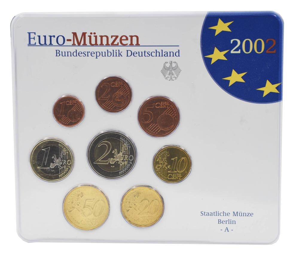 Набор коллекционных монет Германия 2002 UNC A 1/2/5/10/20/50 евроцентов/1/2 евро в сувенирной упаковке 8 шт. (27646415)