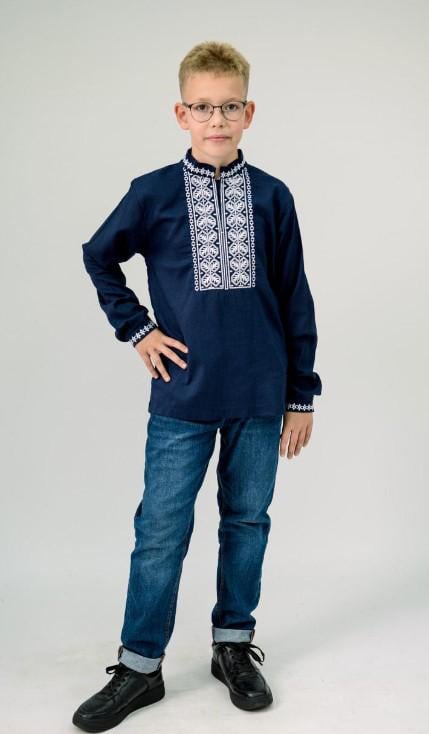 Вышиванка на мальчика лен с белым орнаментом 92 см Синий (1801899249) - фото 3 Вышиванка на мальчика лен с белым орнаментом 92 см Синий (1801899249) - фото 3