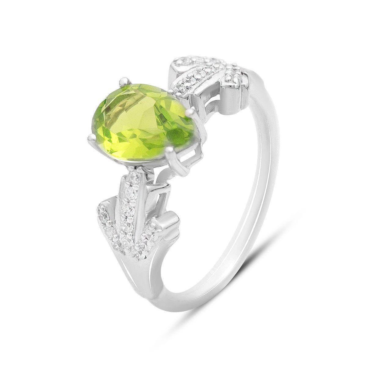 Каблучка срібна LoveR з овальним хризолітом яскраво-зеленого відтінку та прозорими акцентами фіанітів у декоративних елементах р. 17