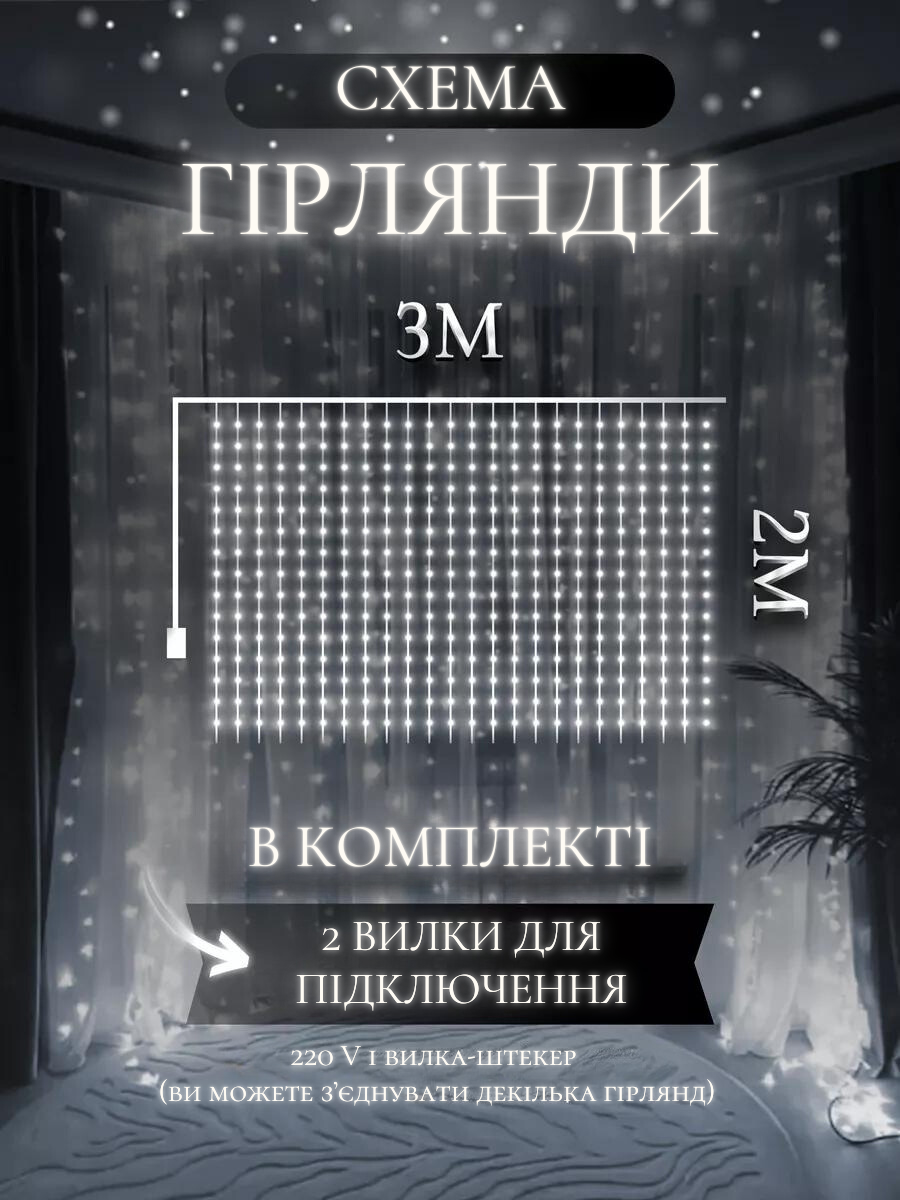 Штора-гирлянда на окно новогодняя светодиодная Белый холодный (30307092) - фото 5