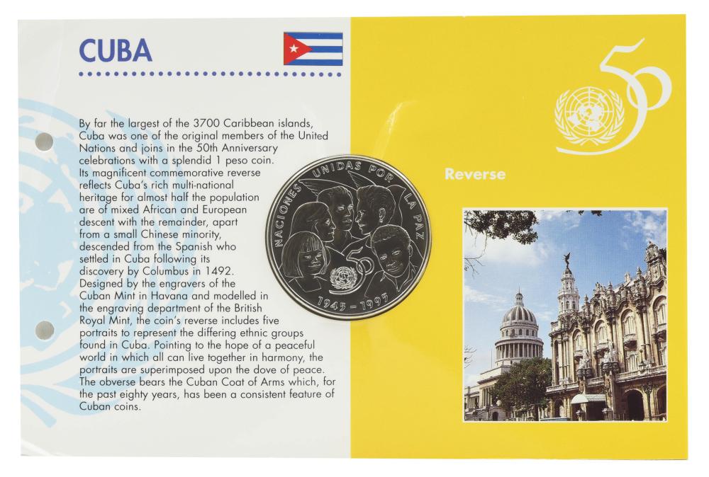 Коллекционная монета Куба 1 песо 1995 UNC 50 лет ООН (М21433)