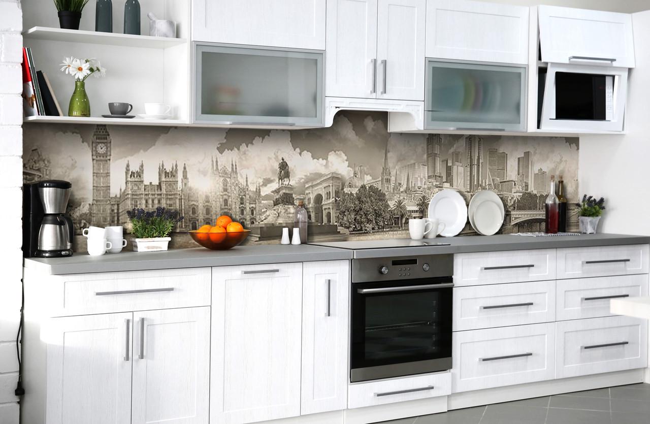Кухонный фартук Лондон в облаках город из самоклеющейся виниловой пленки 60х300 см Бежевый