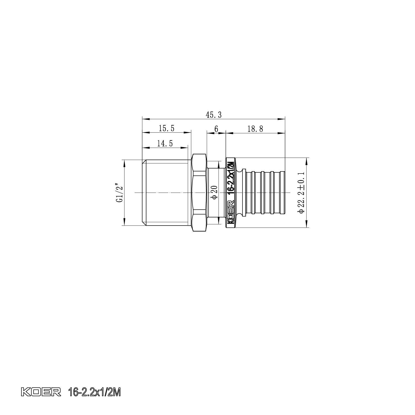Натяжной переходник KOER KA.A06M-16 с наружной резьбой латунный 16x2,2 мм x 1/2"M (OL-KR4849) - фото 4 Натяжной переходник KOER KA.A06M-16 с наружной резьбой латунный 16x2,2 мм x 1/2"M (OL-KR4849) - фото 4