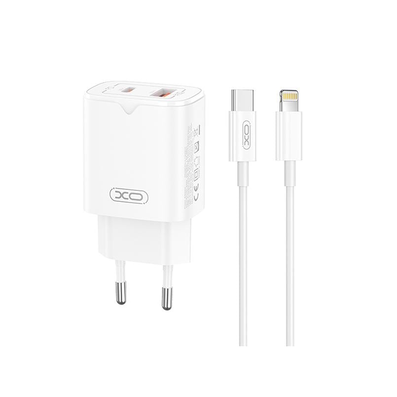 Сетевое зарядное устройство XO L130 PD30W/QC18W 1USB-C+1USB-A Lightning кабель Белый (XO-L130+L)