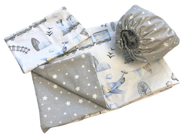 Комплект постельного белья детский Поезд из хлопка 90х120 см Серый