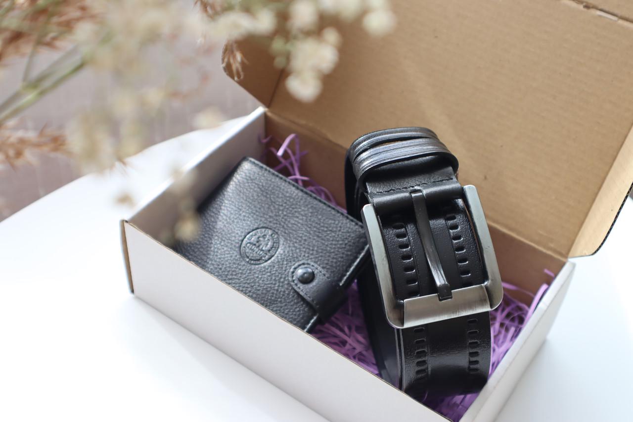 Набор подарочный 604002 кошелек на кнопке и мужской ремень натуральная кожа