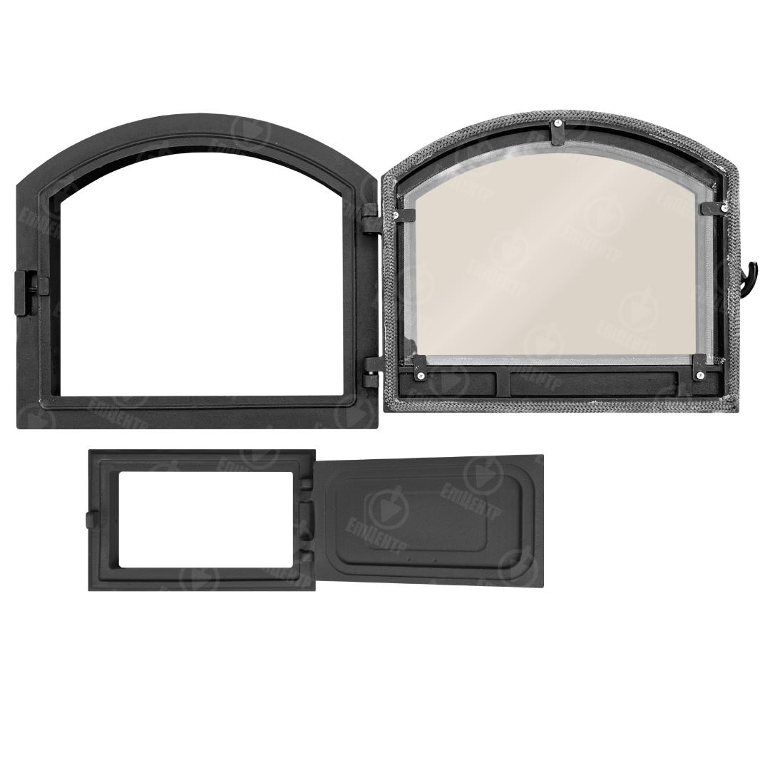 Комплект чавунних дверцят замковий з вогнетривким склом 490x420 мм/піддувальний замковий 265x165 мм - фото 3