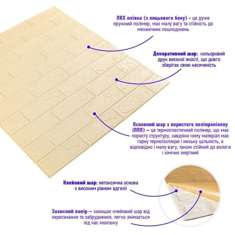 3D-панель декоративная самоклеящаяся под кирпич 700x770x2 мм Бежевый (BN2-002) - фото 3 3D-панель декоративная самоклеящаяся под кирпич 700x770x2 мм Бежевый (BN2-002) - фото 3