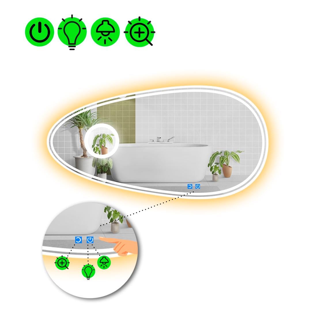 Зеркало с LED подсветкой Occhio 4 с двумя сенсорами/подогревом и линзой без подсветки 140x70 см (8776768)