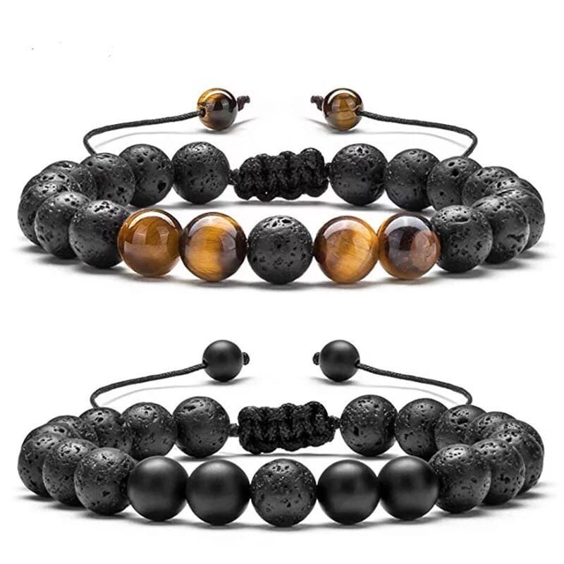 Браслети парні з тигрового ока лавового каменю та шунгіту на стяжках р. 16 (70031)