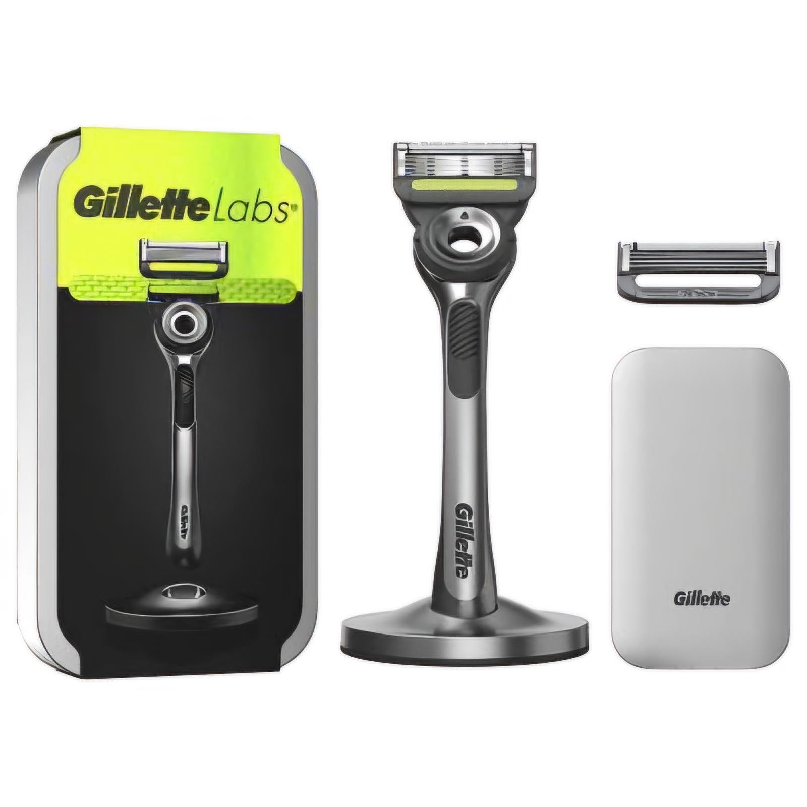 Станок для бритья мужской Gillette Labs и 2 картриджа с подставкой и кейсом Silver