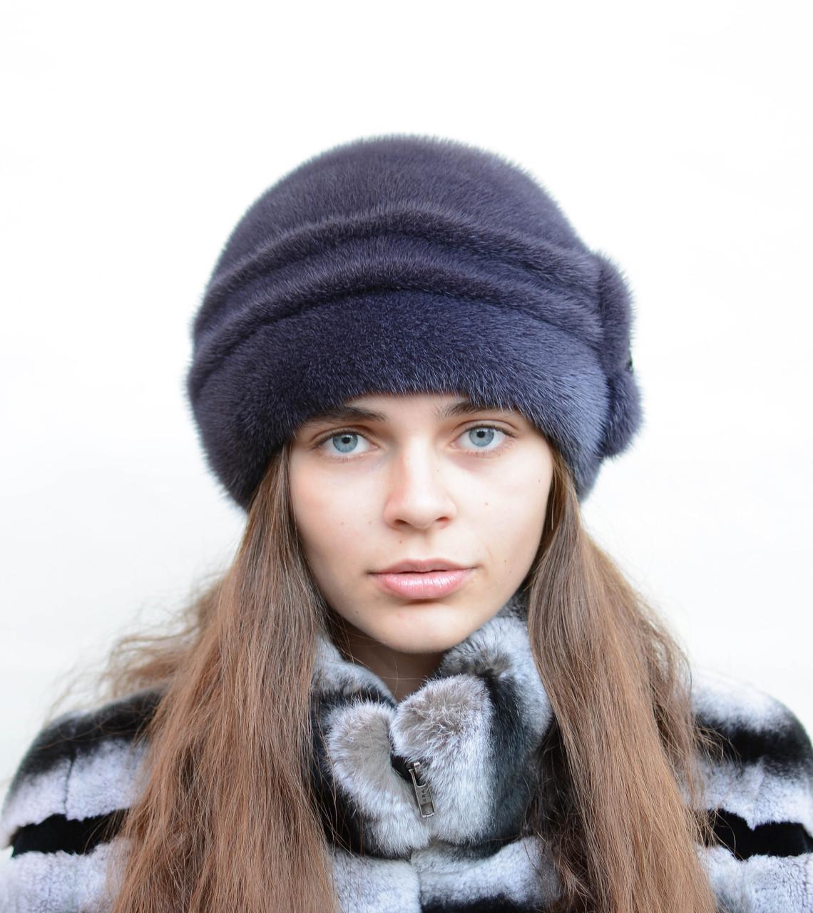 Женская шапка Меховой стиль Шарик из натурального меха норки XL-XXL Фиолет (044)