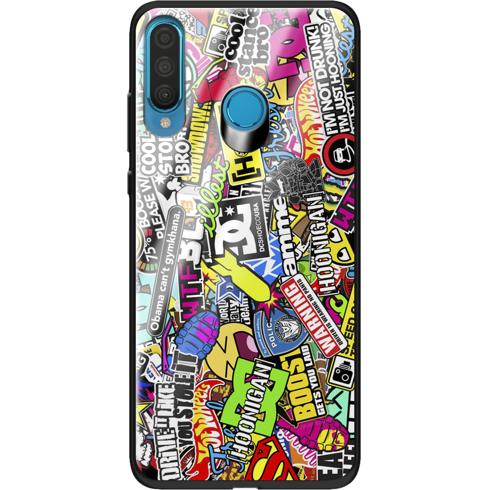 Чехол Boxface Huawei P30 Lite Multicolored Inscriptions Черный силикон со стеклом (36871-up880-37728)