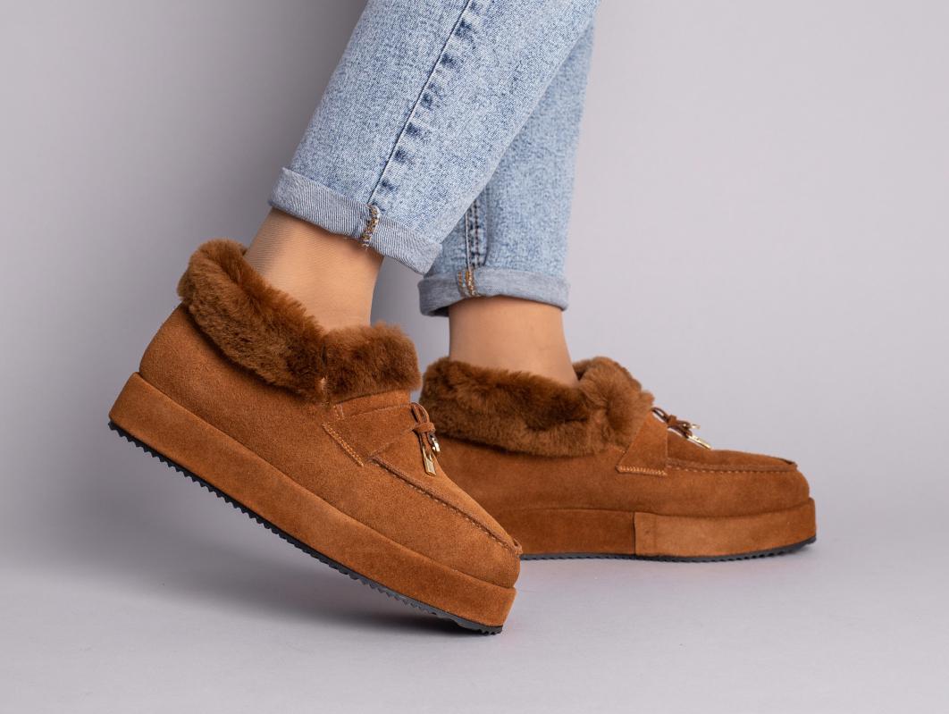 Лоферы женские замшевые с опушкой р. 36 Рыжий (8137з/36)