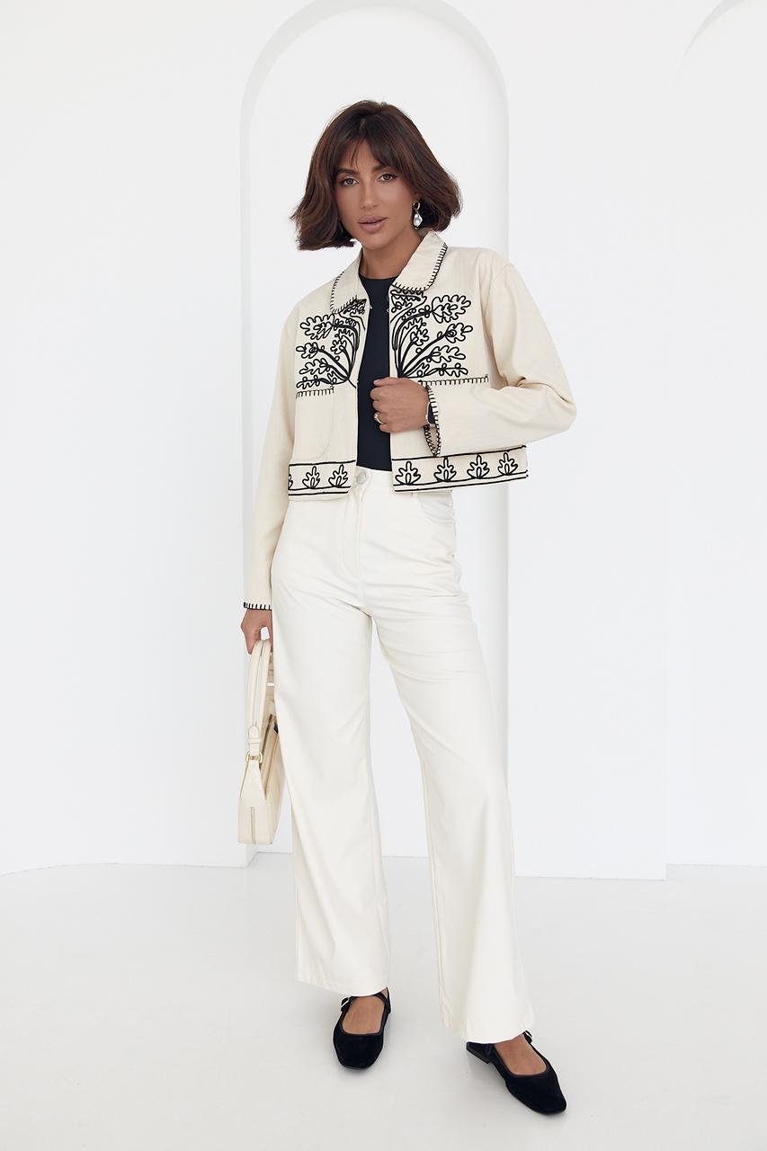 Жакет укороченный с вышивкой L Бежевый (12313284) - фото 2 Жакет укороченный с вышивкой L Бежевый (12313284) - фото 2
