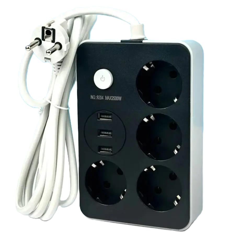 Удлинитель сетевой Power Socket 8204 3 USB на 4 розетки 2 м Black (21082298)