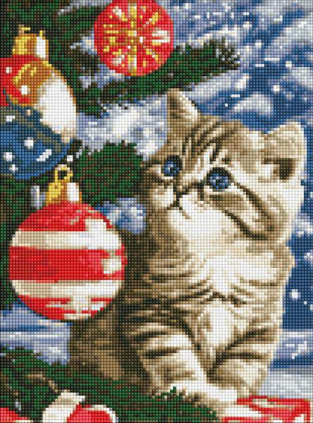 Алмазная мозаика Идейка Котенок под елкой с голограммными стразами AB 30х40 см (Id-AMO7787)