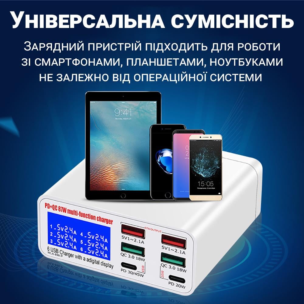 Станція зарядна Addap MCS-896P мультизарядна з дисплеєм на 6 портів 4хUSB-A та 2хType-C портами 87W - фото 11