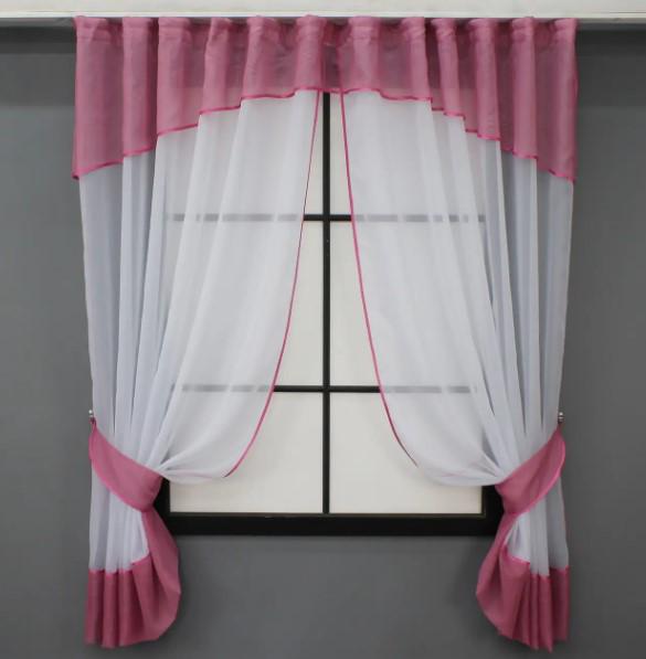 Занавеска на кухню с ламбрекеном 280х170 см Белый/Малиновый (085к)