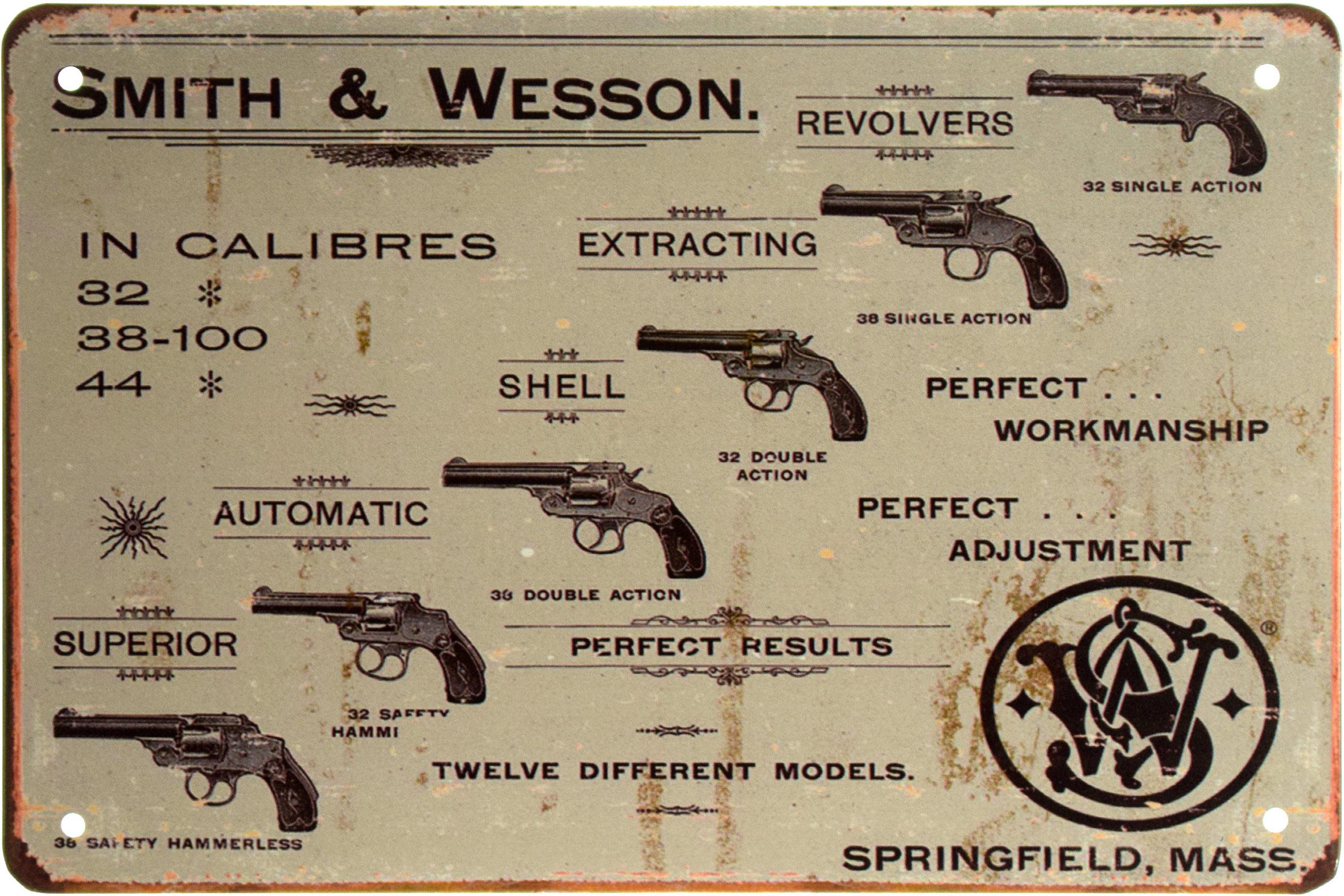 Табличка металлическая Smith & Wesson In Calibres 32/38-100/44 20x30 см