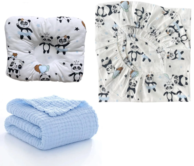 Набор в детскую кроватку RoyalBaby №43 Панды с муслиновым пледом 3в1 Голубой (143828)