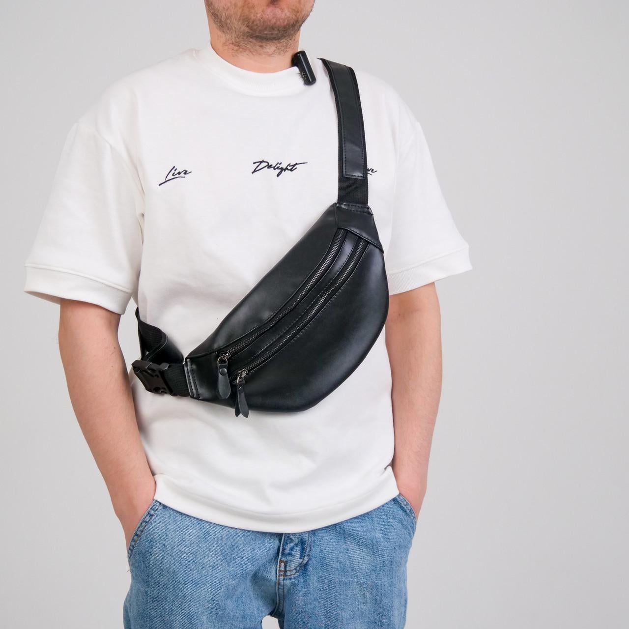 Сумка на пояс нагрудна Double слінг з гладкої екошкіри Чорний (2193747922)