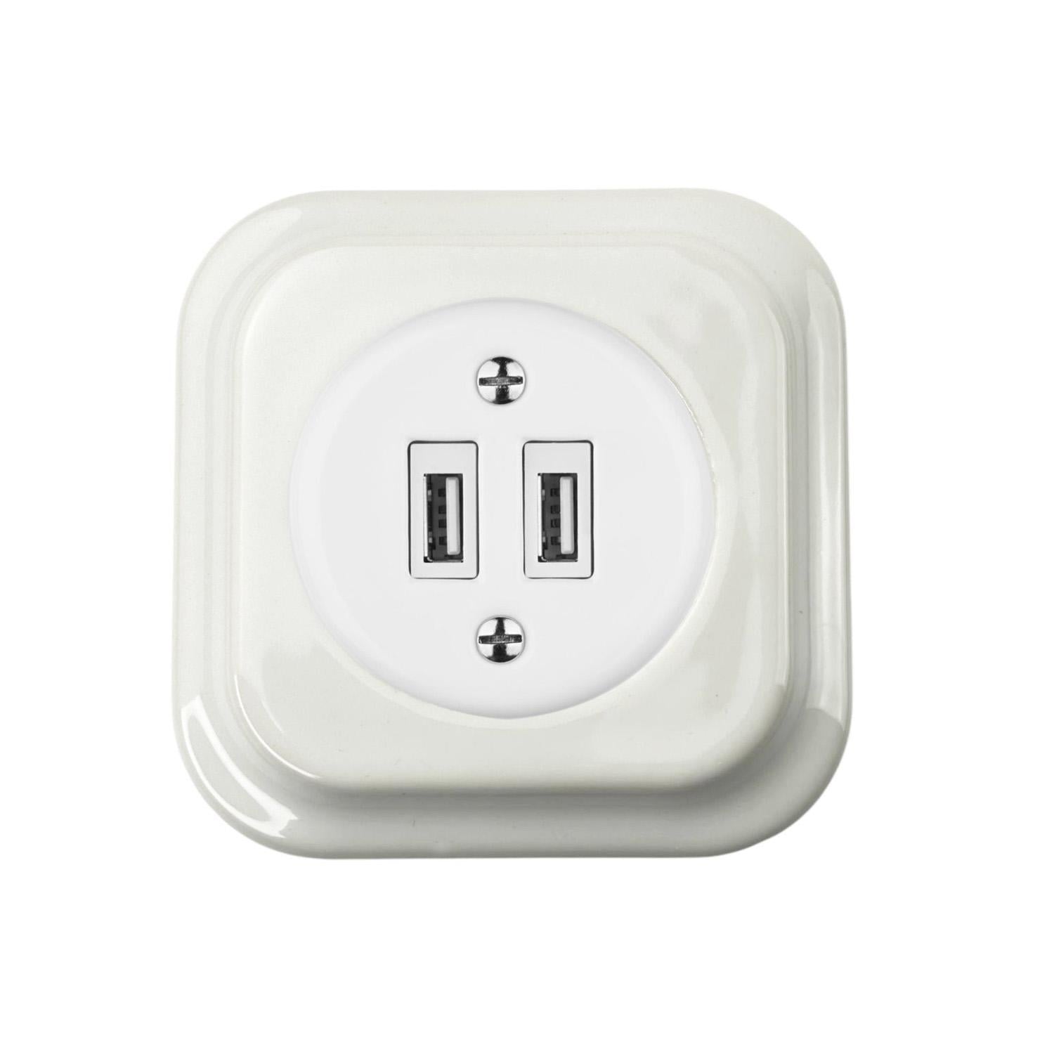 Розетка керамическая скрытого монтажа под USB с квадратной рамкой Белый