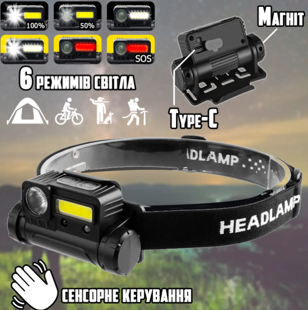 Фонарь налобный Bailong BL 123 XPE + COB USB с датчиком движения - фото 6